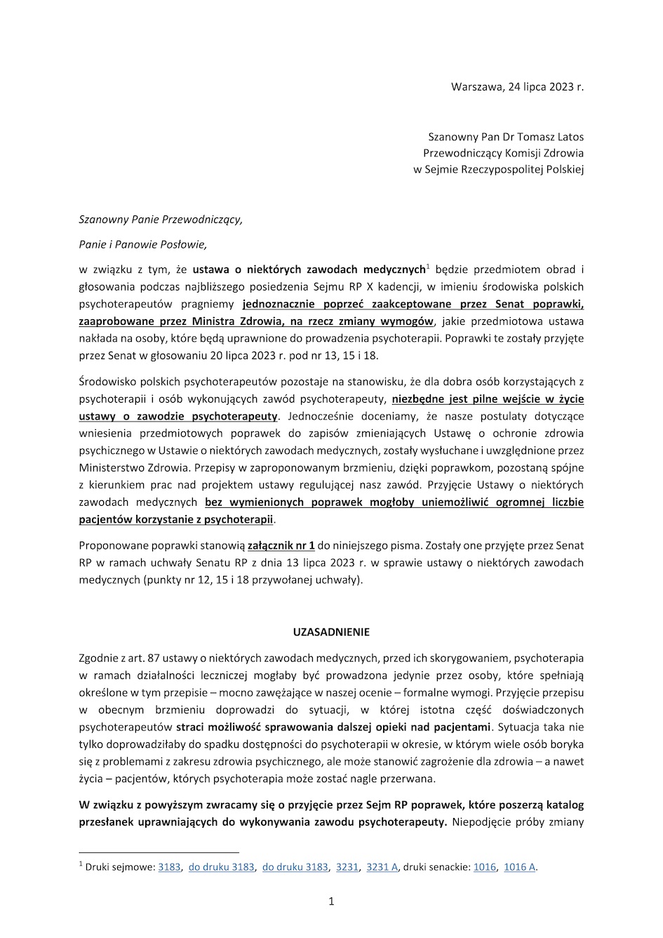 Pismo do Sejmowej Komisji Zdrowia 25 07 2023